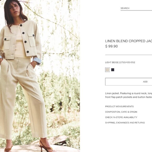 Zara Cropped Linen-Blend Jacket with Contrast Cuffs - Light Beige - Size Medium - Picture 9 of 9